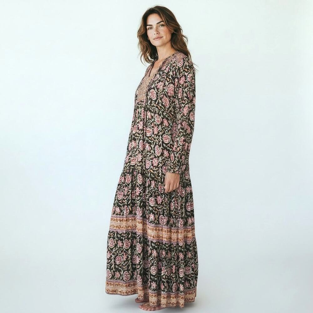 KNOX ROSE  Dark Floral Bohemian 'Broomstick' Tiered Maxi Dress L  Festival Boho